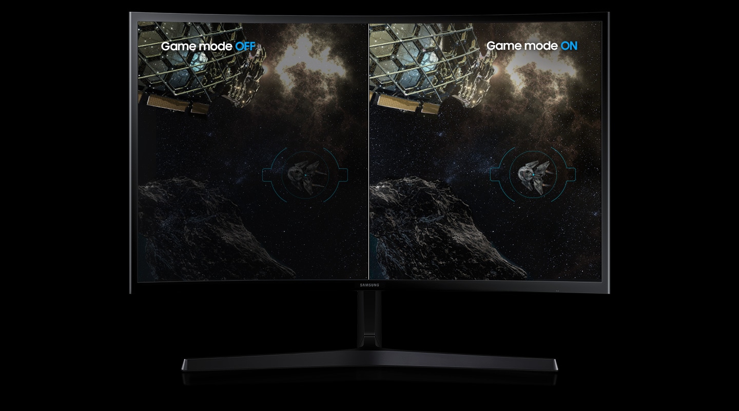 在顯示器上顯示遊戲畫面。左邊是 game mode (遊戲模式) 關閉，右邊是 game mode (遊戲模式) 開啟。當 game mode off 時，畫面較暗，顏色不清晰，難以看清目標，而 game mode on 時，畫面明亮清晰，目標可精準辨別。